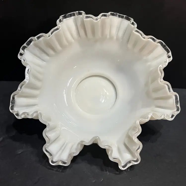 Fenton Silver Crest Milk Glass Ruffled Edge Vintage Fruit Bowl ~4” x 10.5” diameter