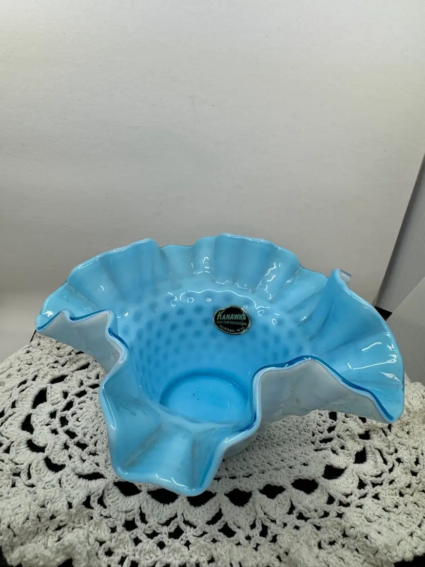 Vintage Kanawha blue and white hobnail milk glass ruffled candy dish, 7”x 3.75”