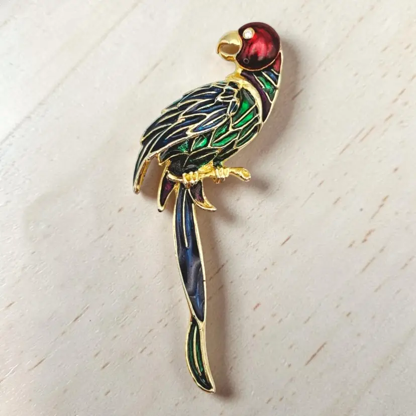 Tropical Parrot Macaw Bird Rhinestone Enameled Red Green Blue Gold Tone Brooch