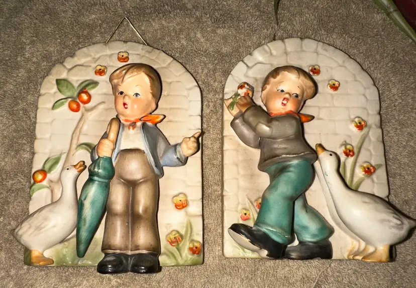 Vintage Erich Stauffer 3D Wall Hanging Art Boy With Geese - Play Time S8399 Pair