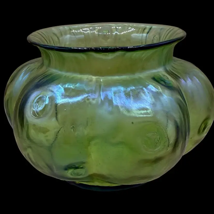 #01 Antique1899 Loetz Art Nouveau “Crete Rusticana” Iridescent Green Glass Bowl 7”