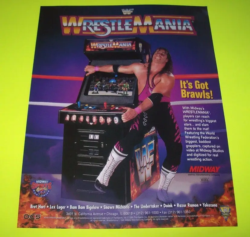 WWF Wrestlemania Arcade FLYER Bret Hart Lex Luger Undertaker Doink Yokozuna