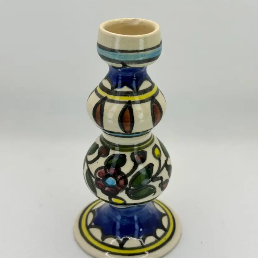 Vintage Armenian Jewish Flower Design Candlestick Vase, Handmade Pottery, Hand-painted Iznik Shabbat Shabbos Judaica, Unbranded, Made in Israel