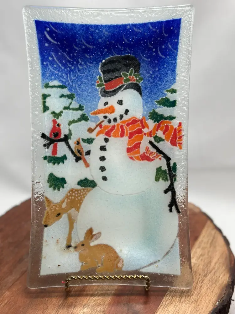 Peggy Karr Fused Glass Snowman Winter Wonderland Plate / Tray Candy Dish Christmas