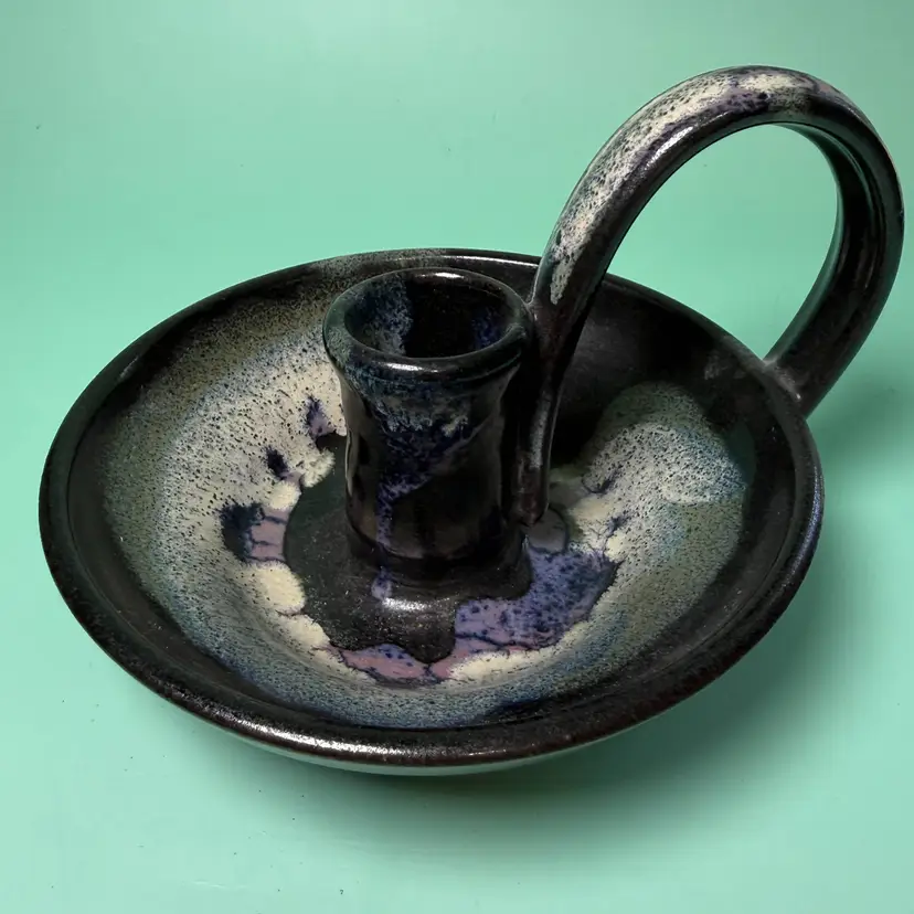 Signed RRP Large Art Pottery Chamberstick Candle Holder Mottled Black Purple