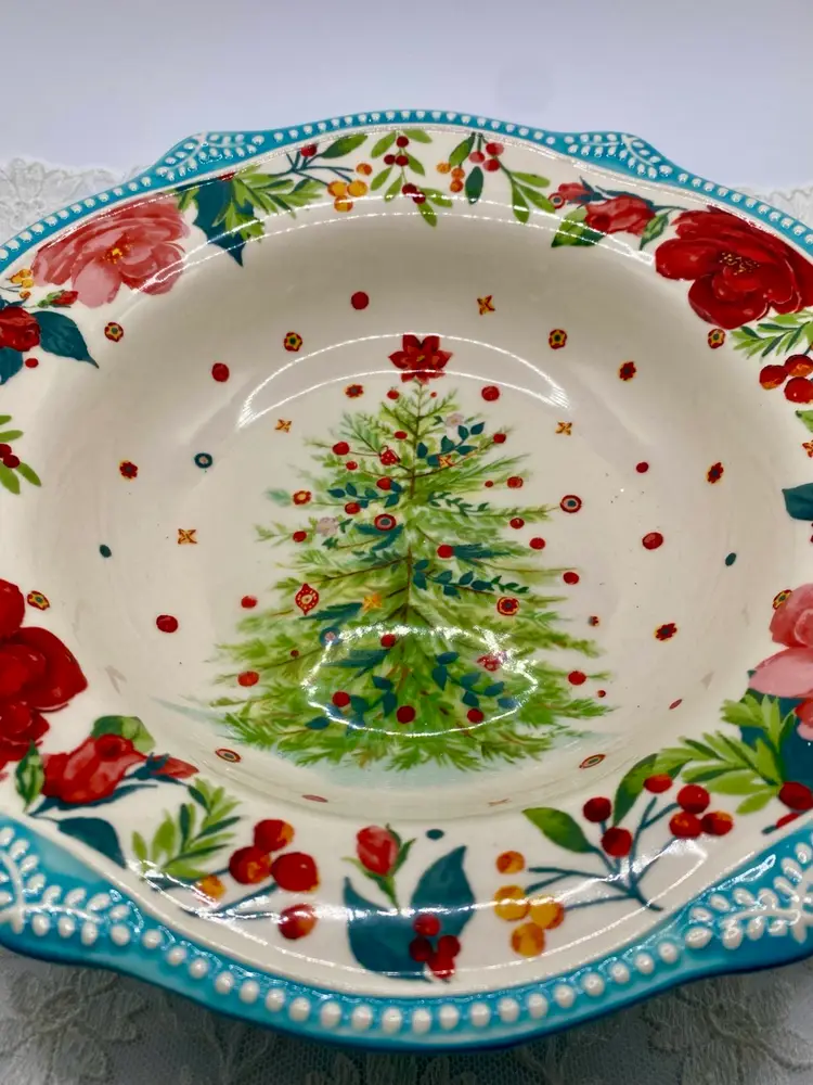 The Pioneer Woman Cheerful Rose Teal Christmas Tree 9” Bowl