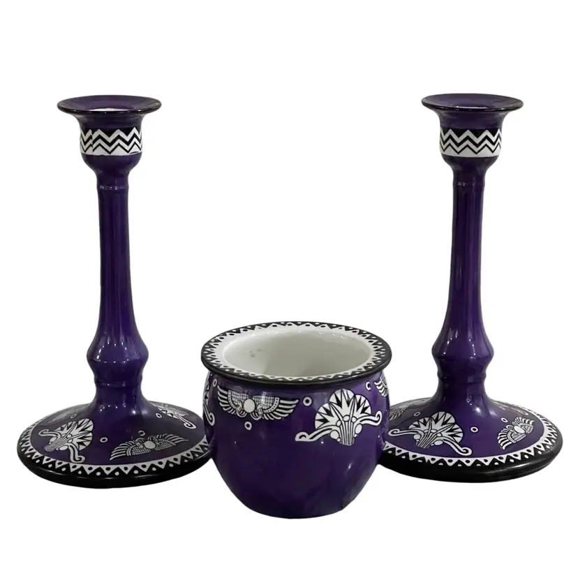 Antique Coronet Candlesticks And Small Pot - Purple Art Deco