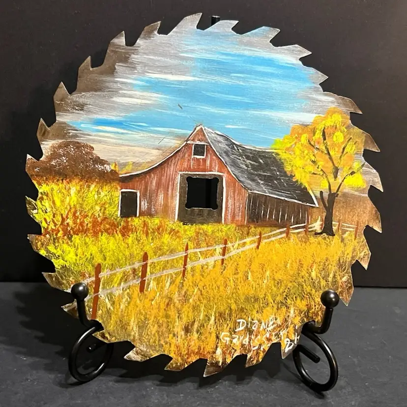 Hand Painted Vintage Circular Saw Blade Old Barn Field ~6"