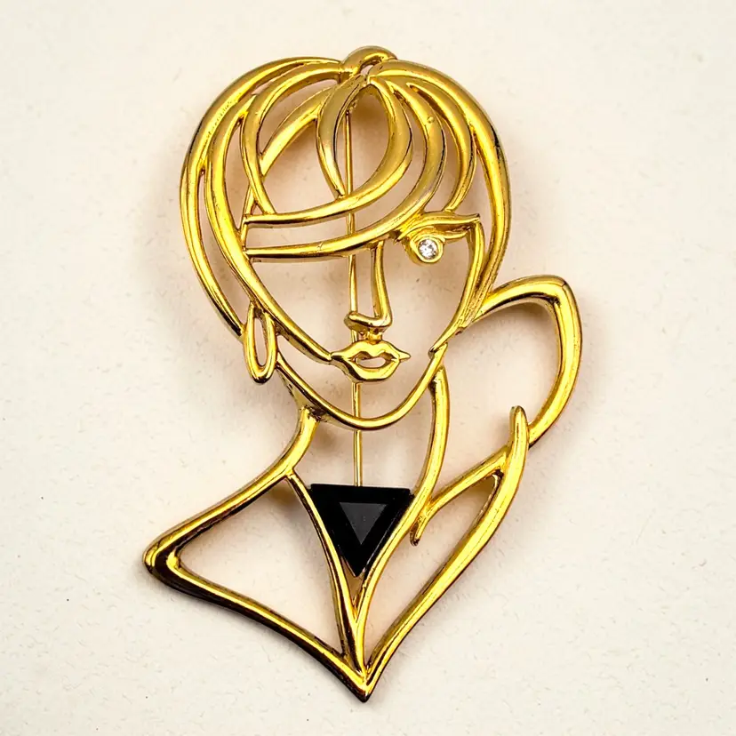 Lady's Face Head Openwork Cutout Winking Rhinestone Eye Gold Tone JJ Pin Brooch