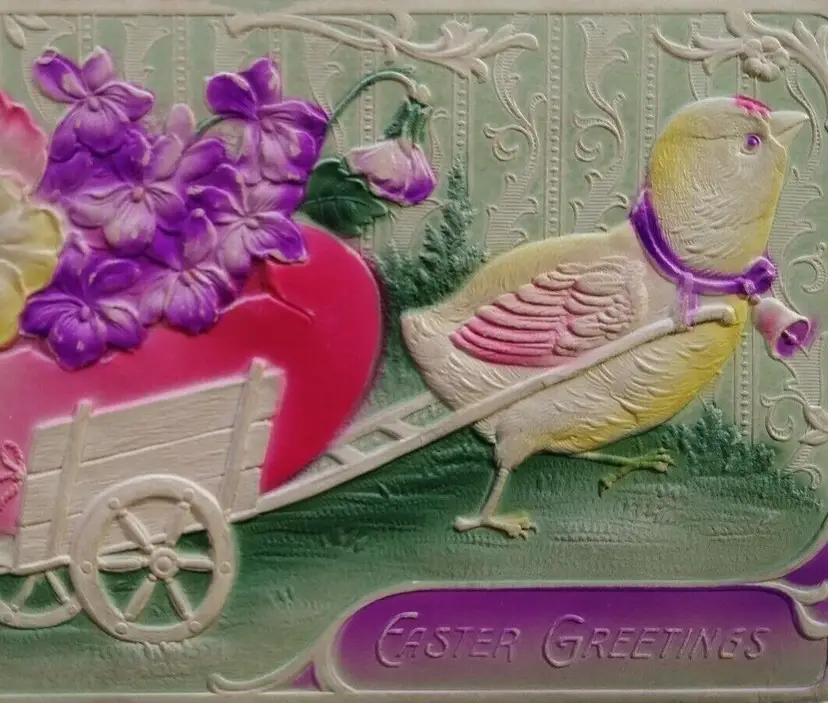 Easter Postcard 3-D Image Airbrushed Chick Pulling Floral Arrangement Fantasy