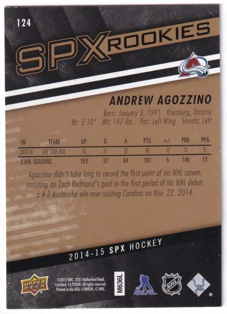 2014-15 SPx #124 Andrew Agozzino RC Colorado Avalanche Hockey Card