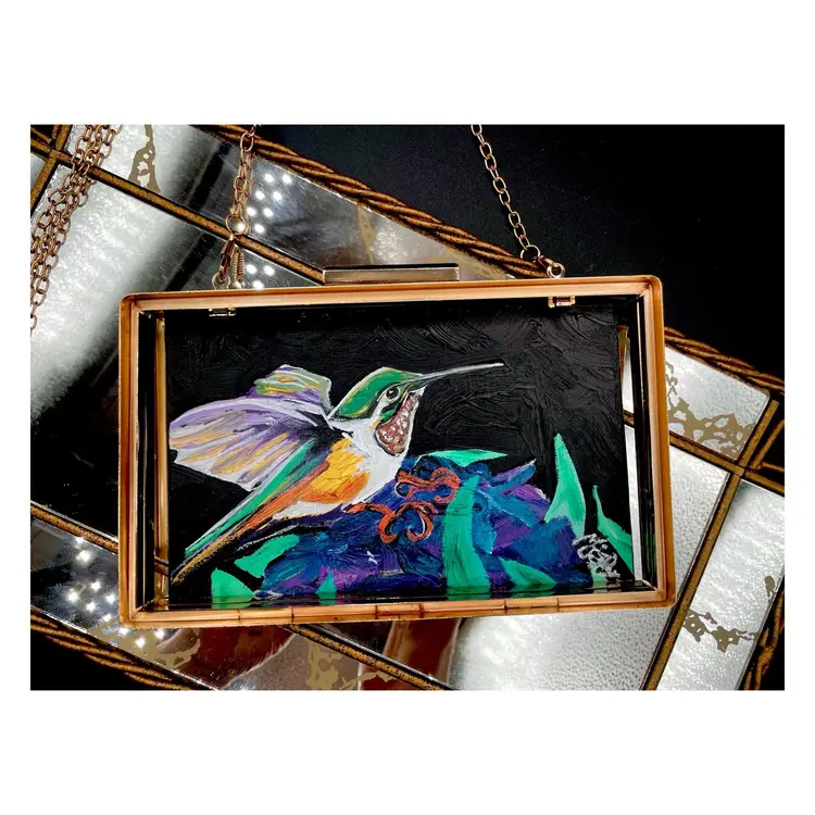 Hanging Out 
New, Original Hummingbird Painting 
On 7”x5” Canvas Board 
Attached To A Gold, 
Preloved Purse Frame
Bird Art