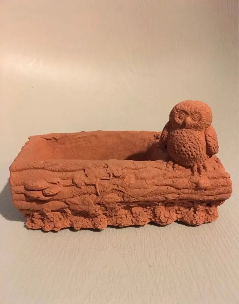 Hand-Crafted Terra-cotta Owl on a Log Planter / Trinket Dish