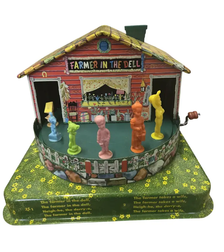 Vintage 1950's Tin Litho Wind Up Musical Farmer in the Dell with Original Box