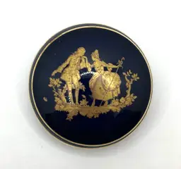 Vintage Limoges France Round Porcelain Trinket , Pill , Ring Box Cobalt Blue Gold 2”