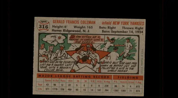 1956 Topps #316 Jerry Coleman - (pk-tl2) - New York Yankees