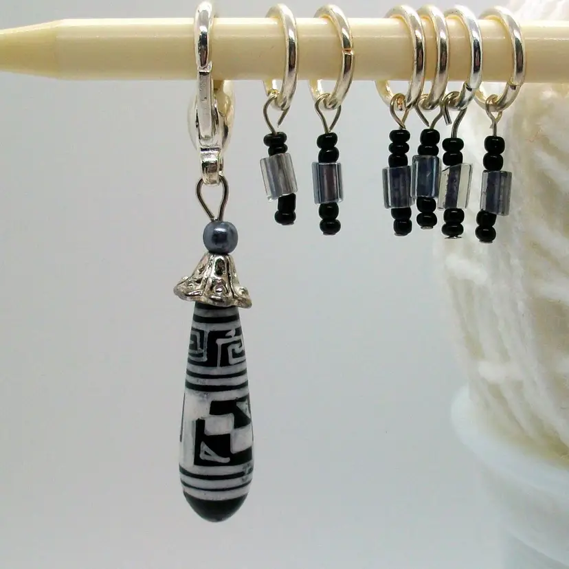 Black White Grecian Key Teardrop Bead Knit Crochet Row Marker 6 Black Gray Beaded Stitch Markers Repurposed Orphan Earring