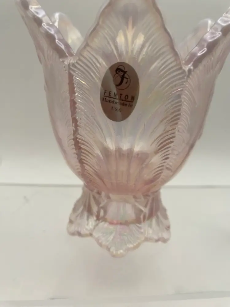 Fenton Pink Opalescent Two Way Tulip Candle Holder With Sticker