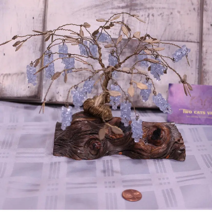 Vintage Brass and Bead Wire Wrap Grape Tree on Wood Base