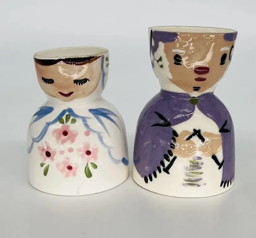 Pair Of Vintage Cleminson Pottery Bride And Knitter Egg Cups