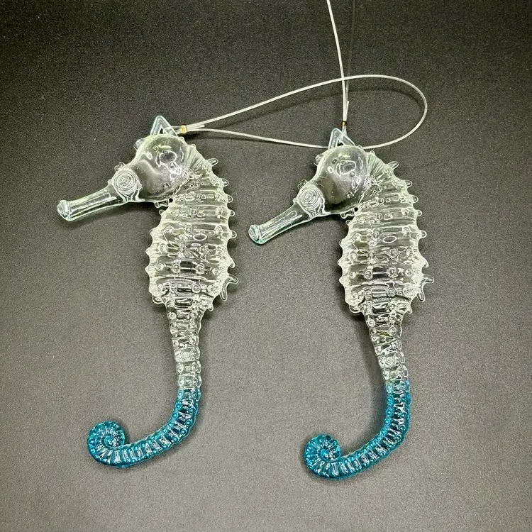 Pair Set Of 2 Seahorse Clear & Blue Plastic Ornaments Decorations