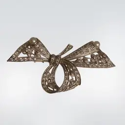 Silver Bow Brooch Rhinestone Marked With Trombone Clasp