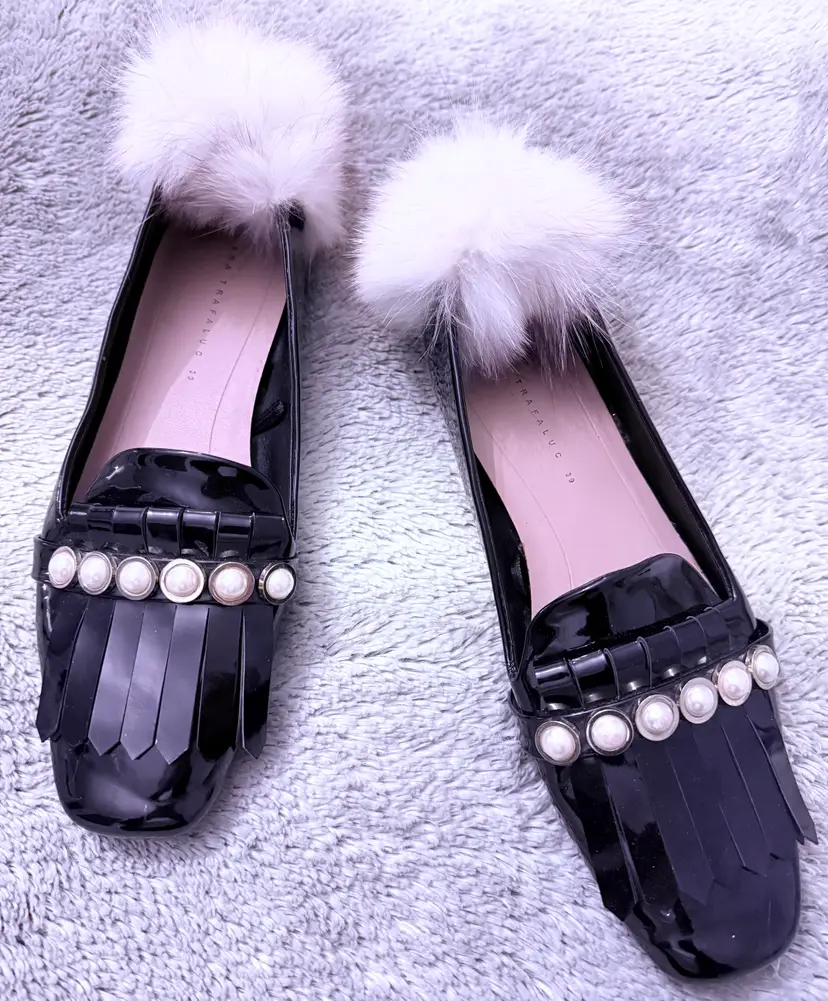 Zara Black Patent Loafers with Fur Pom Poms - Size 39