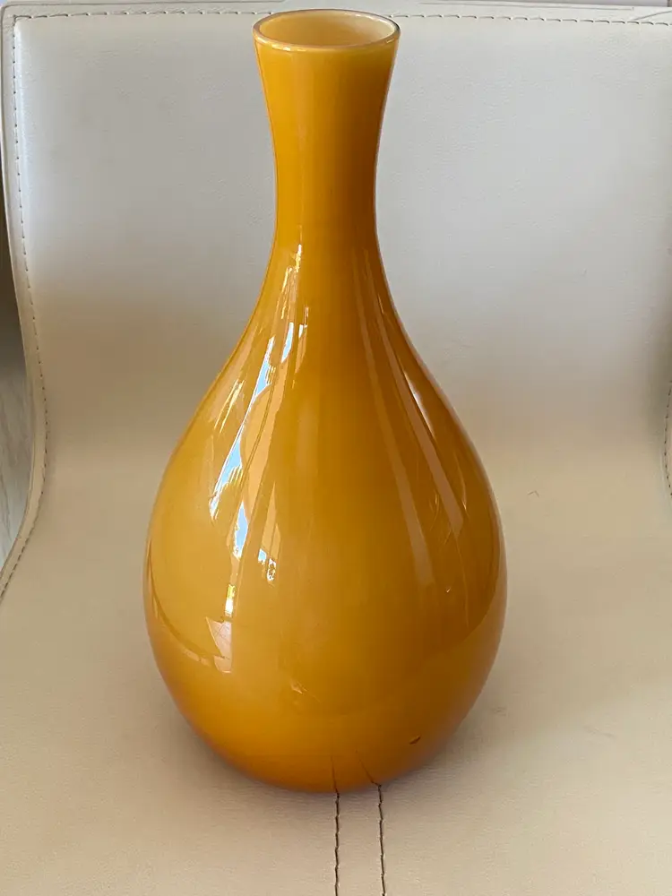 Tall Chinese Yellow Peking Glass Vase, 13" Tall