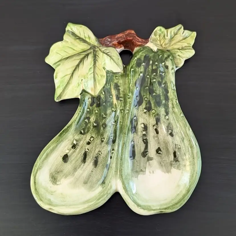 Vintage Enesco Cucumber Ceramic Hanging Wall Plaque Kitsch Farmhouse Pickles