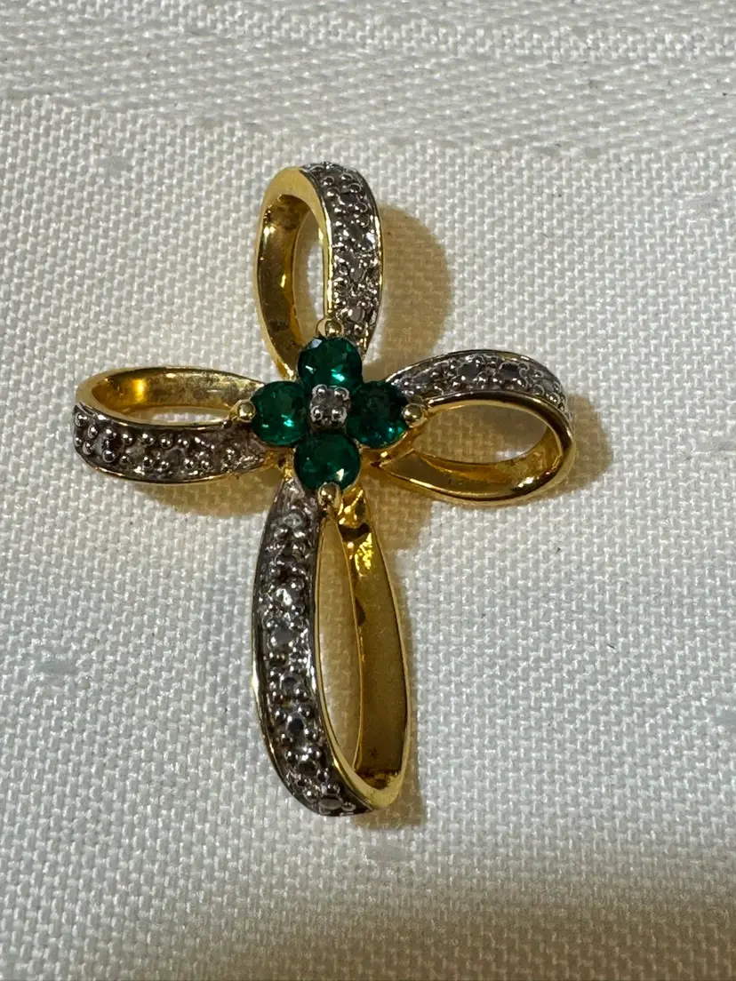 Cross Pendant 925 Sterling w/ a Gold Vermeil Finish Green Rhinestones