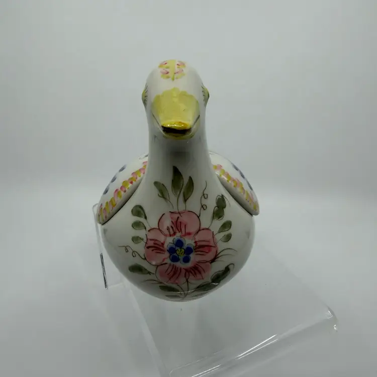 Hand Painted Vianado Castelo Portugal Floral Duck Trinket Jewelry Catchall Box