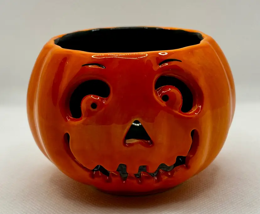 Harry Slatkin 2011 Ceramic Jack-O'-Lantern Pumpkin Tealight Votive Candle Holder, Halloween Decor, By Harry Slatkin, Distributed by Bath & Body Works, Made in China, Signed