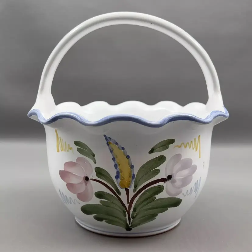 Hungarian Pottery Decorative 7" Ceramic Basket Bowl Planter Made In Mezotur Hungary White With Hand Painted Flowers Folk Art