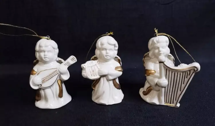 Set Of 3 Vintage Porcelain Gold Angel Ornaments W Instruments by Crown Accents