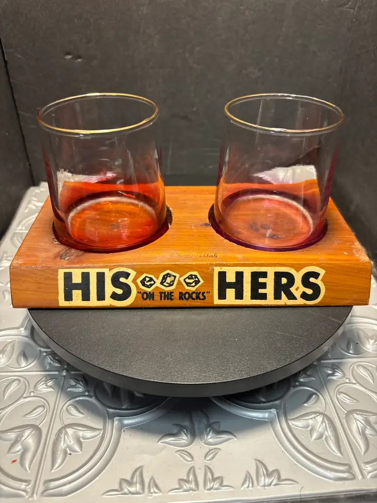 Vintage Bar Wear His N Hers Red N Purple Whiskey Glasses