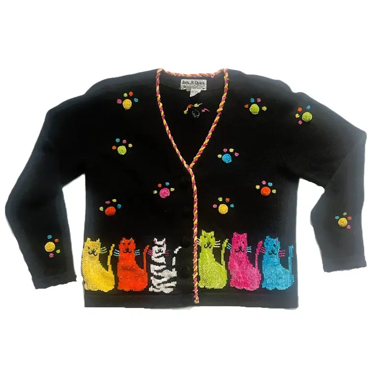 Vintage Jack B. Quick Embroidered Black Cat Cardigan-Size Medium