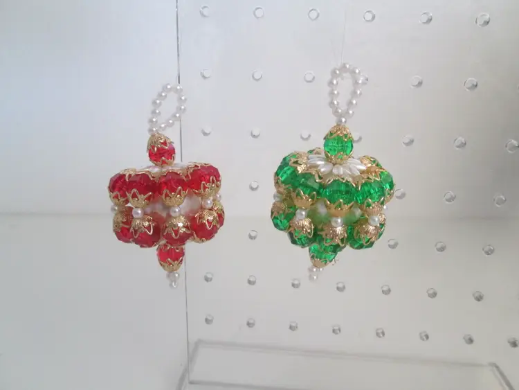 Set of 2 Vintage Handmade Green, Red and Gold Beaded Christmas Ornaments