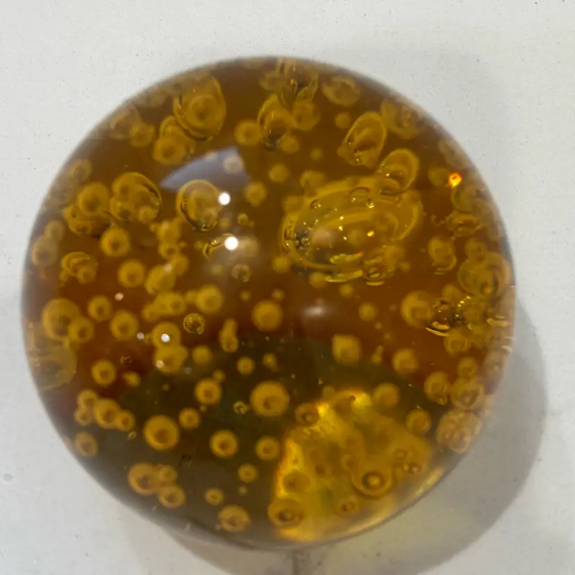 Art Glass Amber Controlled Bubbles Paperweight 3.5” T