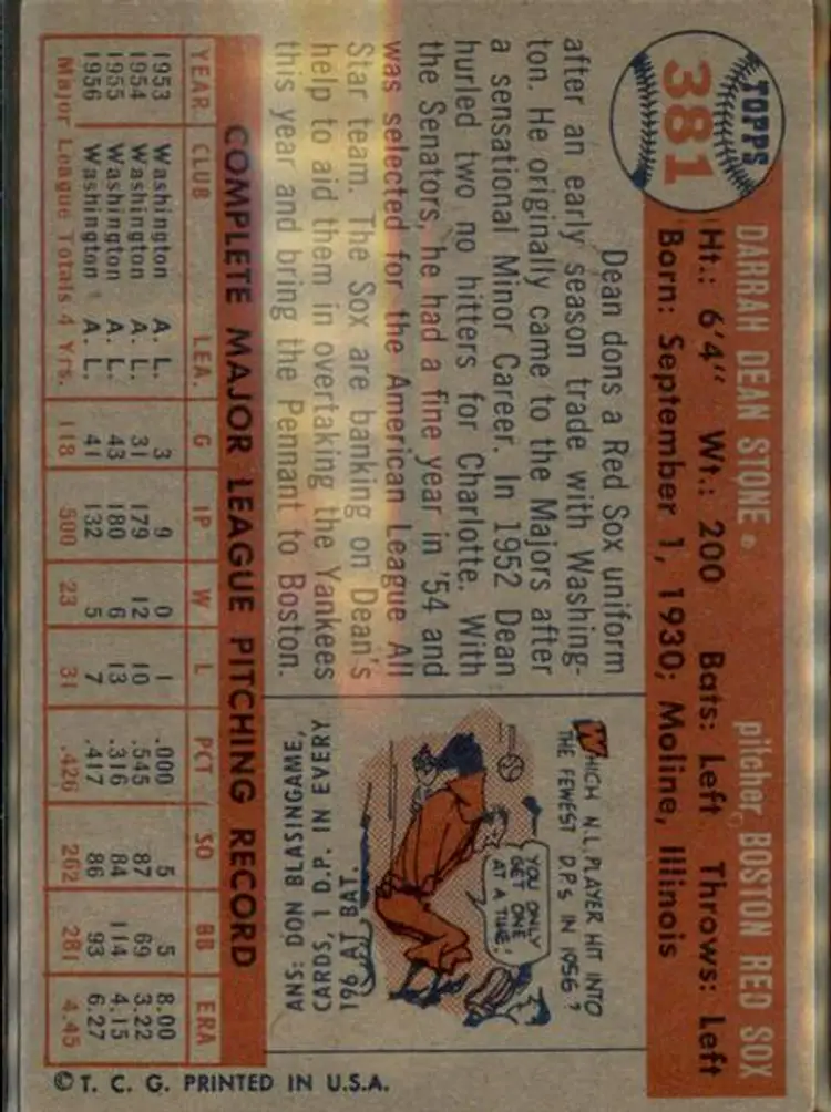 1957 Topps #381 Dean Stone - ( pk1 ) - Boston Red Sox