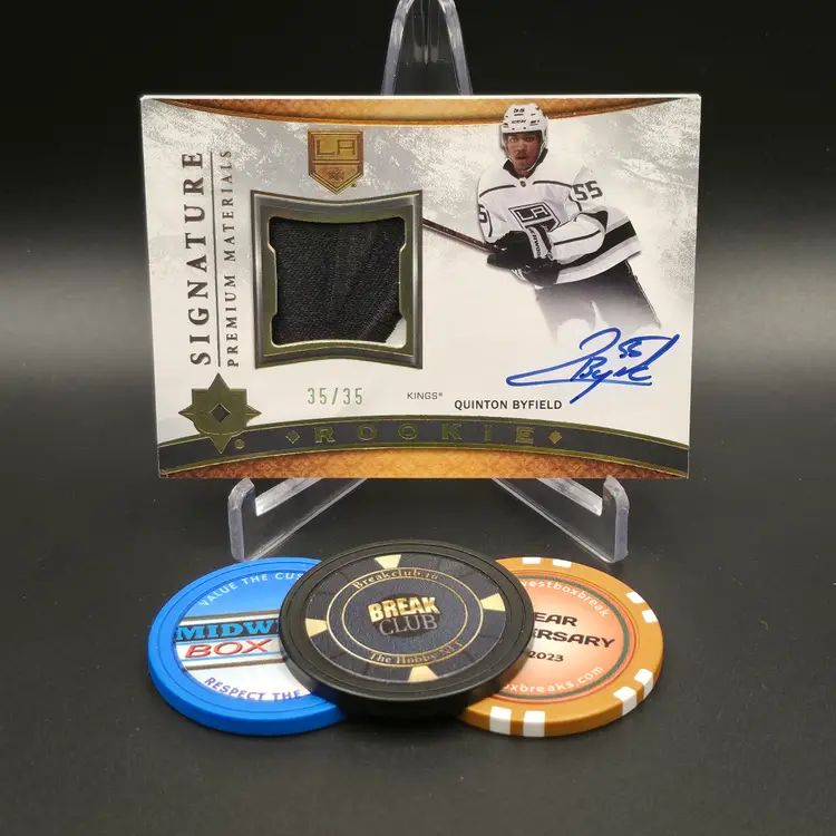 Quinton Byfield Rookie Patch Auto 2021-22 Upper Deck Ultimate Collections Hockey Rookie Signature Premium Materials Insert Bookend Numbered 35/35 Card #RSP-QB - Los Angeles Kings