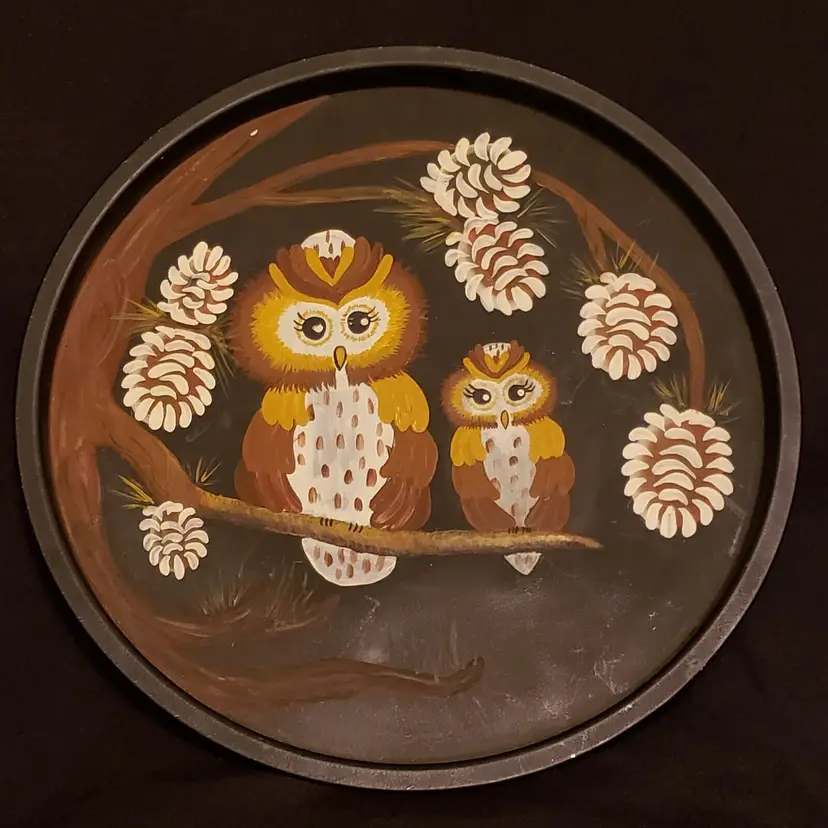 Folk Art Owls Decorative Plate Metallic Round 10 7/8" diameter unbranded READ