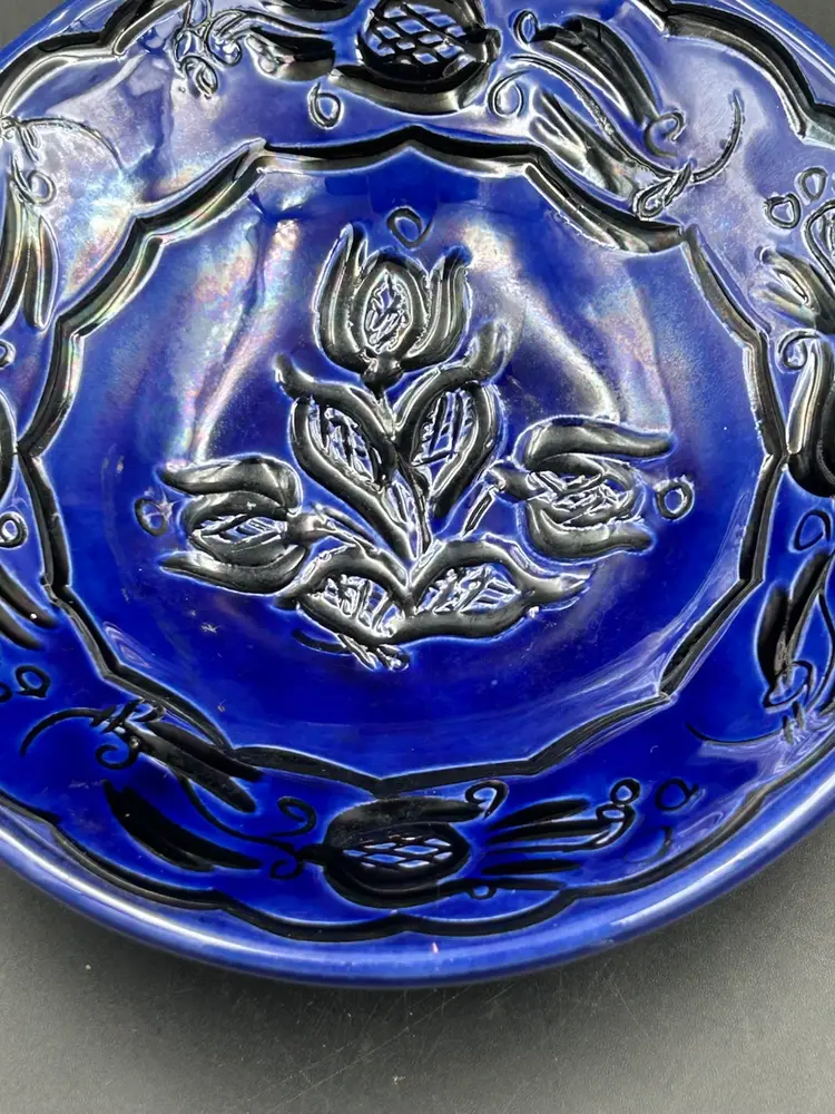 Vintage German Cobalt, Blue And Black Glaze Ceramic Handmade Wall Decor Dish