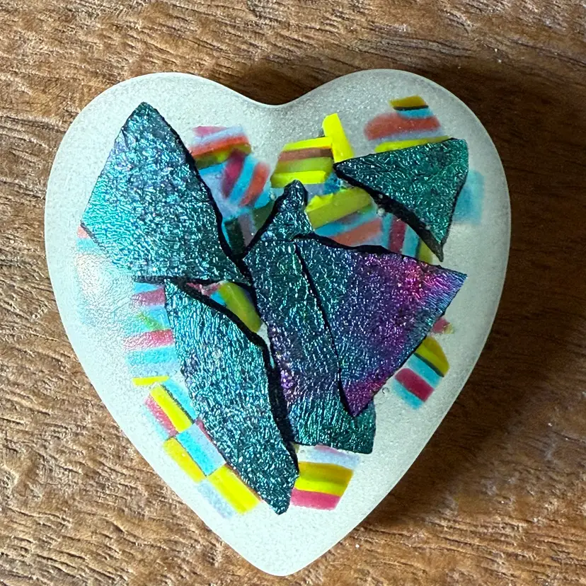 Fused Dichroic Glass On White Bullicante Glass Heart 3”