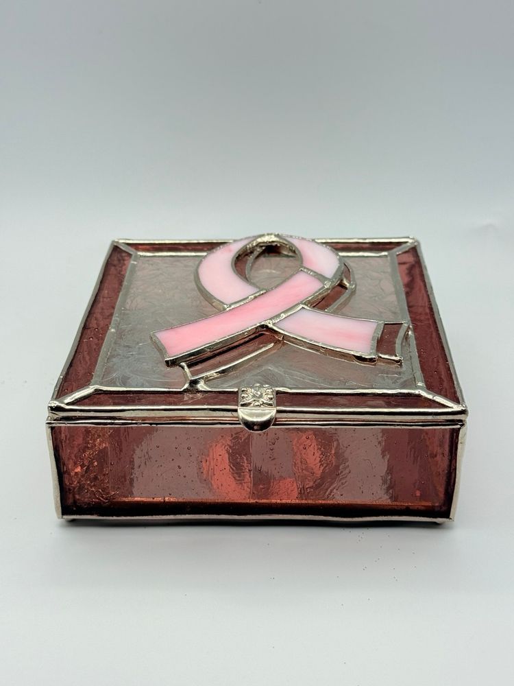 Pink Ribbon Stained Glass Jewelry Box Tie Jet Box Mirror Inside Breast Cancer Awareness Month 5x1 1/2"