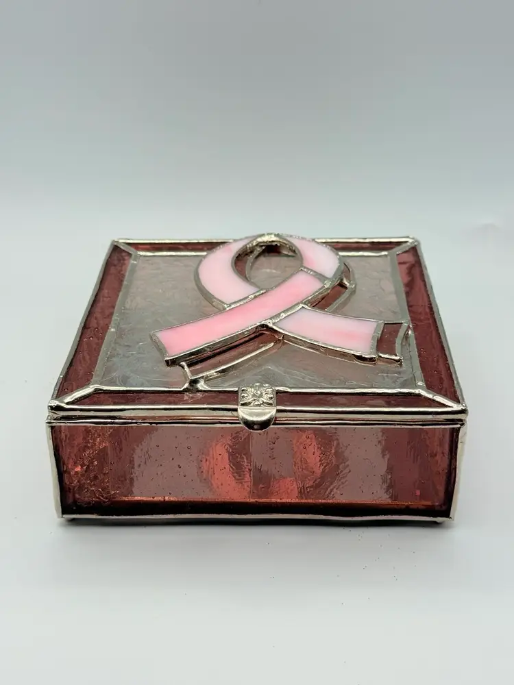 Pink Ribbon Stained Glass Jewelry Box Tie Jet Box Mirror Inside Breast Cancer Awareness Month 5x1 1/2"