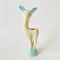 Vintage Ceramic Deer Planter White with Blue Eyes, Ears & Base. 7.75" tall and 2.75" wide. No chips, cracks or crazing.