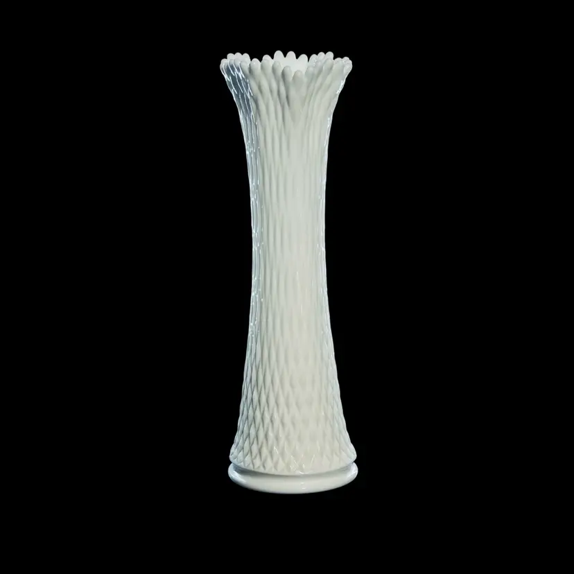 14” Vintage Swung Vase Diamond Quilted Milk Glass Flared, ruffled, or "crown" shaped points Mid-Century Westmoreland Glass Co 1960s