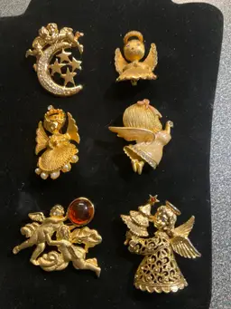 6 Vintage Gold Toned Angel Brooches