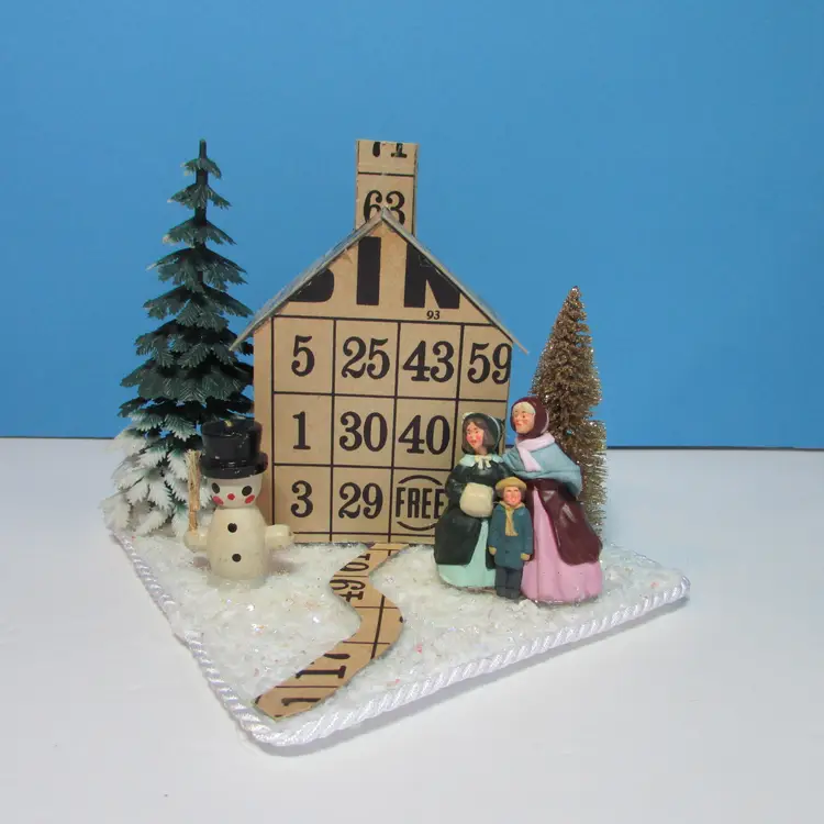 vintage crafted Bingo card house with carolers and snowman Christmas winter scene