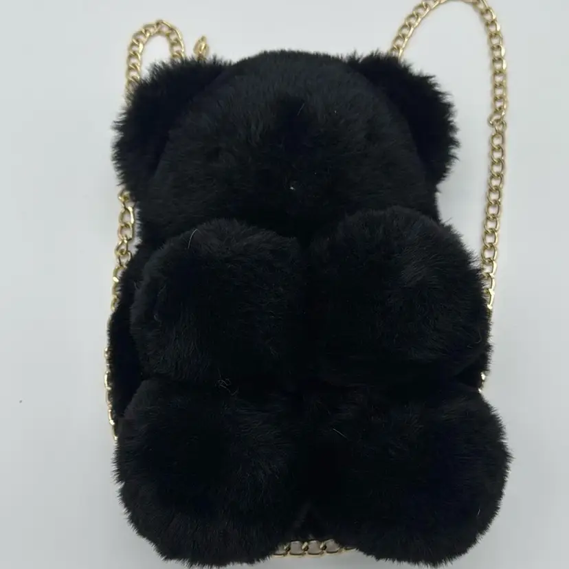 Handbag Black Faux Fur Teddy Bear Purse with Gold Chain,  12”H folds in half!